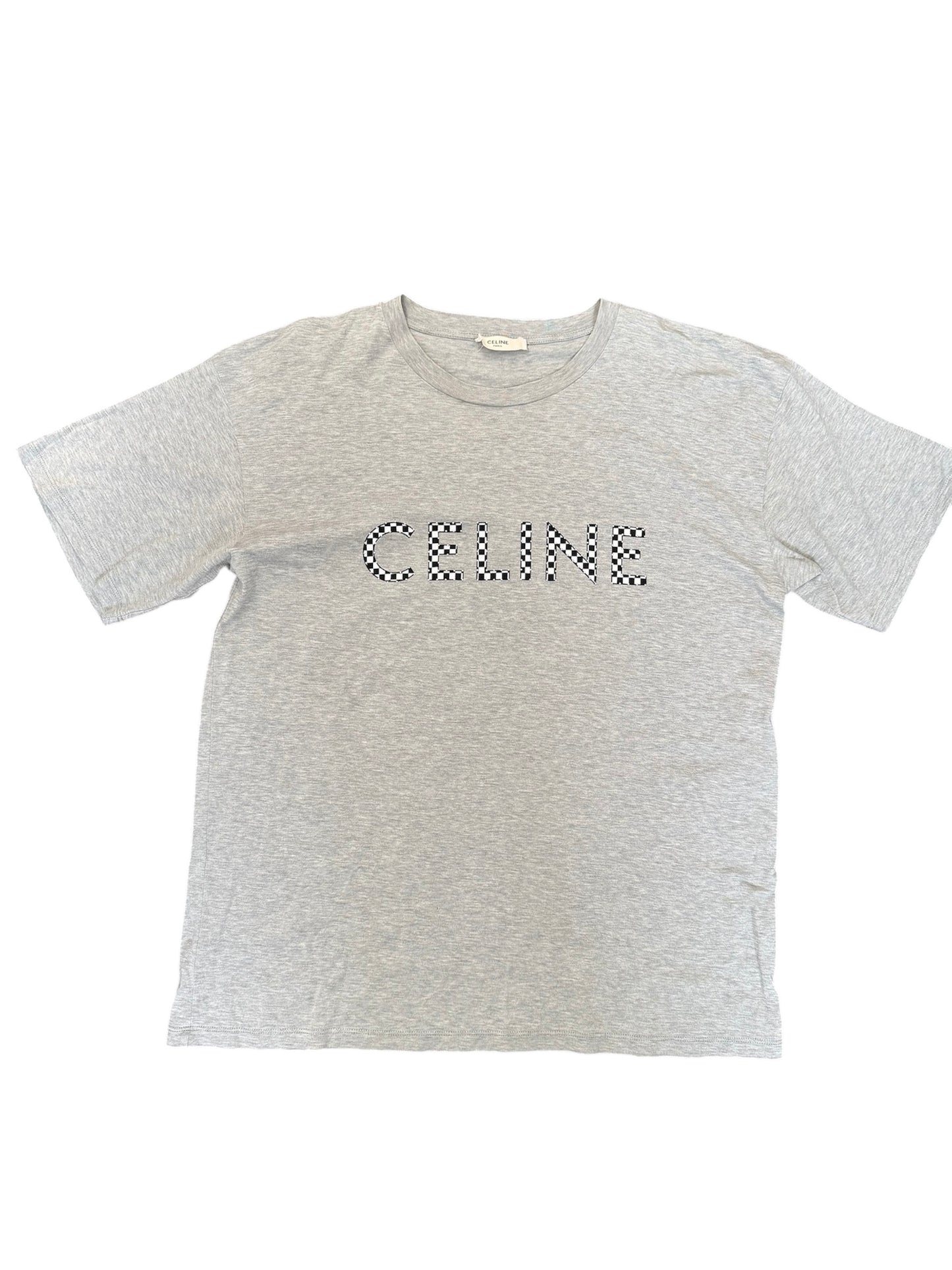 Celine Studded checkerboard logo T shirt Pre Owned grey